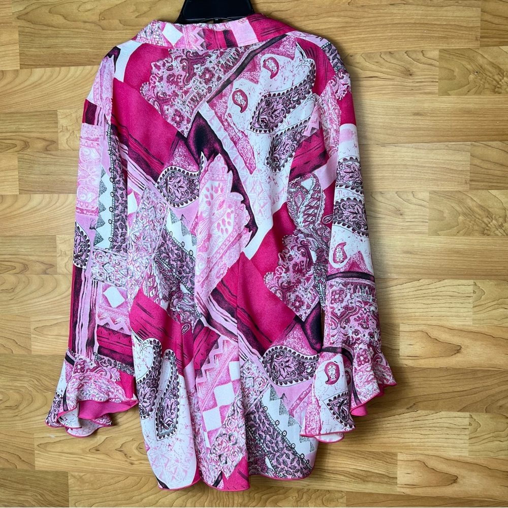 Blue Diamond XL Sheer Surplice Peplum Style Top with Bell Sleeves Pink &… - Picture 2 of 9